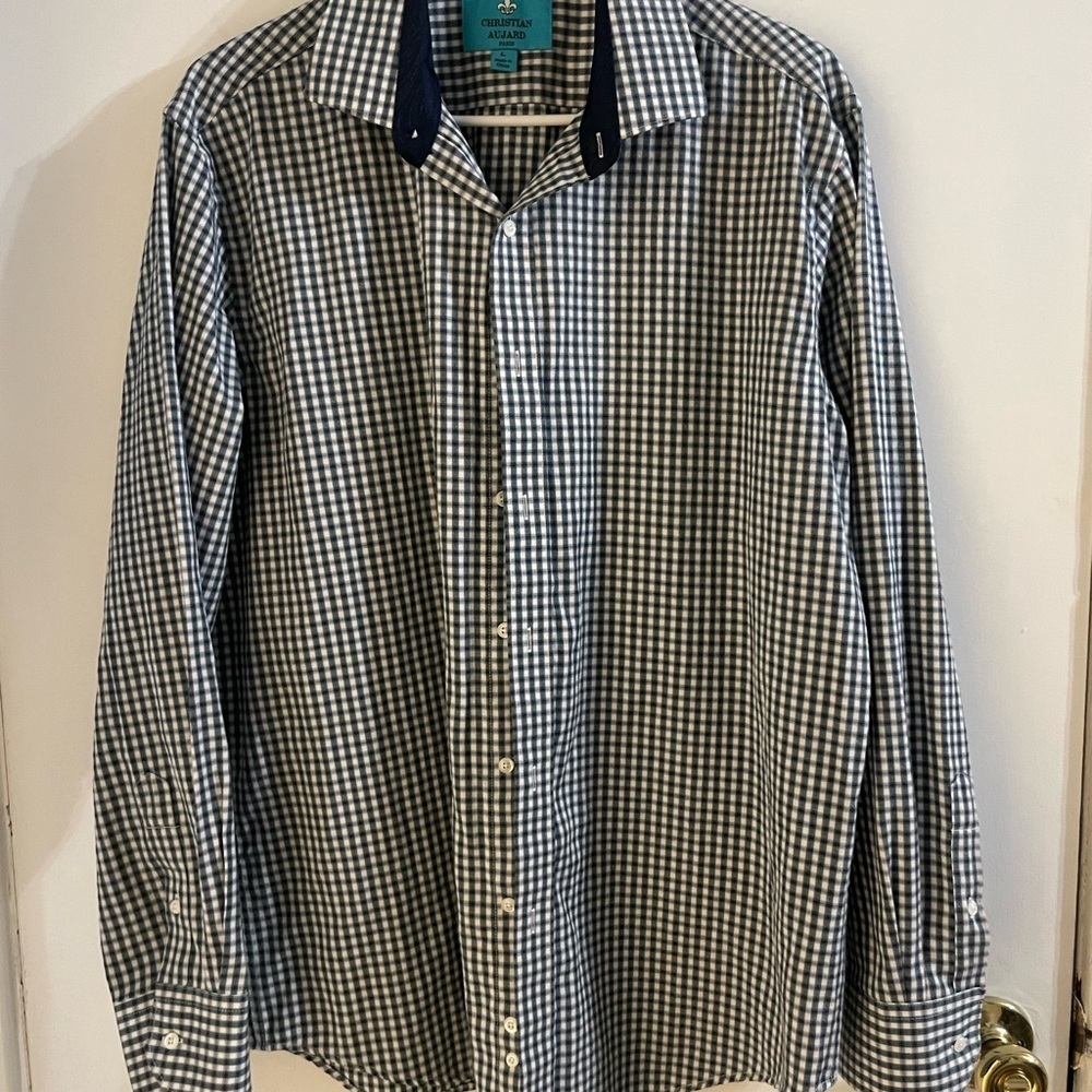 Christian Aujard Men’s Navy and White Gingham Shirt in size large